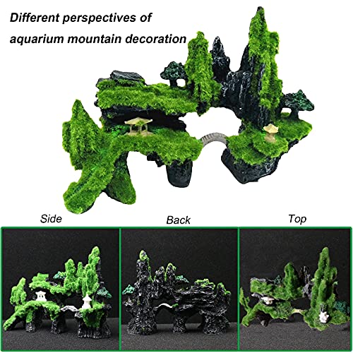 Tfwadmx Fish Tank Mountain View Decoration Aquarium Stone Ornament Bridge with Moss Tree House Cave for Small Betta Shrimp Hide