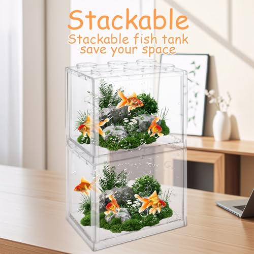 QTLCOHD 4 Pack Small Betta Fish Tank, 0.6 Gallon Mini Aquarium Tank, Clear Stackable Fish Bowl, Acrylic Tiny Cube Tank for Beta Fish Sea Monkeys Shrimp Snails - color: clear