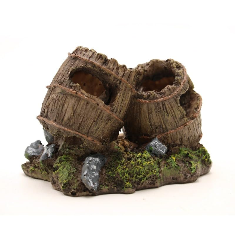 Resin Broken Barrel Aquarium Decoration, Fish Tank Ornament with Moss and Rocks, 10x8x9cm