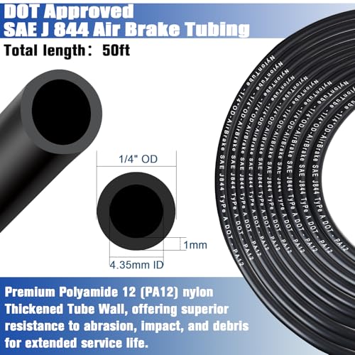 1/4" OD x 50FT DOT Air Line Black SAE J 844 PA12 Nylon Air Brake Tubing with Cutter and Teflon Tape, Pneumatic Nylon Air Line Hose for Semi Truck Trailer Air Brake System & Fluid Transfer - size: 50FT-1/4"OD