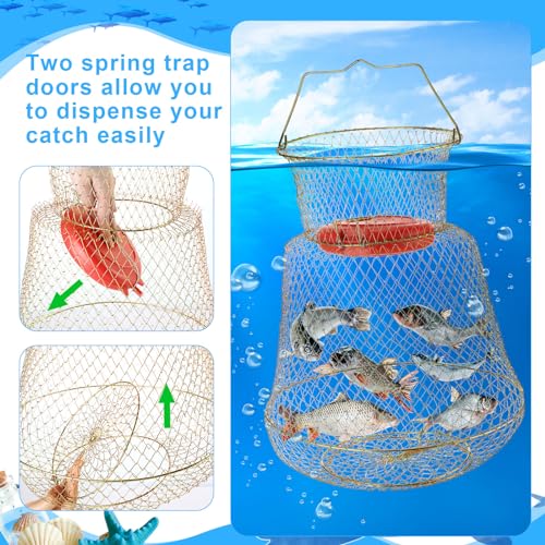 2 Pcs Steel Wire Fish Basket and Fishing Landing Net with Extension Aluminum Telescoping Pole Includes 1 Portable Fishing Net with Handle 1 Collapsible Wire Fishing Basket for Women Men
