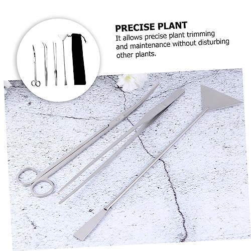 POPETPOP 1 Set Stainless Steel Aquarium Cleaning Tool Aquascaping Kit with Straight and Curved Tweezers Scissors and Storage Pouch for Fish Tank Maintenance and Plant Care