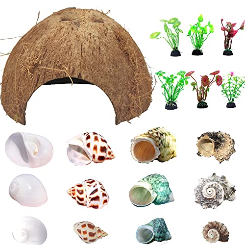 SINKOO Hermit Crab Shells Natural Coconut Shell Hut Artificial Plants 19 PCS Decoration Supplies House Tank