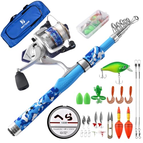 Portable Fishing Spinning Rod and Reel Combo Set with Telescopic Fishing Pole Fishing Carrier Bag Lures Line for Travel Saltwater Freshwater - color: Blue, size: 1.7M/66.9inch/5.57ft