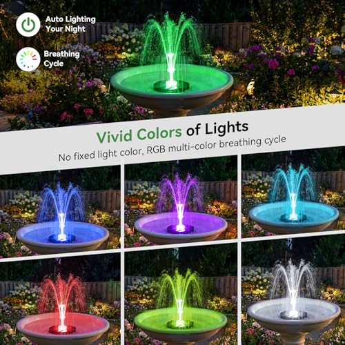 Antfraer 8W Solar Fountain Pump Built-in 3600mAh Battery & LED Lights, Solar Powered Water Pump with Double-Layer Nozzle & 5ft Tubing, Solar Water Fountain For Bird Bath Pond Garden DIY Water Features - size: 8W
