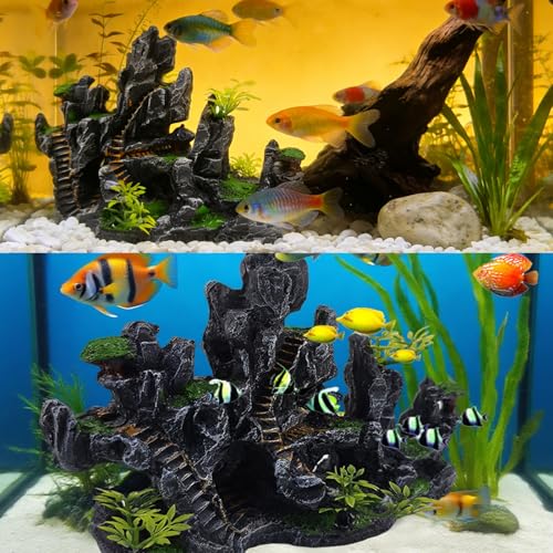 Aquarium Ornaments View Mountain,Fish Tank Decorations Resin Rock Landscape Artificial Stone Aquarium Decor with Plant Cave for Small Fish Shrimp