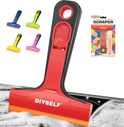 DIYSELF Plastic Razor Blade Scraper, 1 Pack Plastic Scraper Tool with 5 Pcs 4-Inch Plastic Razor Blades, Sticker Remover Tool and Decal Remover for Glass, Window, Labels, Adhesive, Cooktop, Tile - color: Red, size: 5PCS Plastic Blades