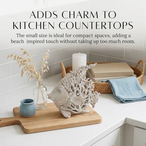 7.28'' Ocean Coral Fish Sculpture - Resin Coastal Fish Figurine with Coral Backdrop, Ocean Blue & Sandy Beige Finish - Nautical Tabletop Accent for Living Room, Beach House & Bathroom Decor - color: Antique White, size: Small