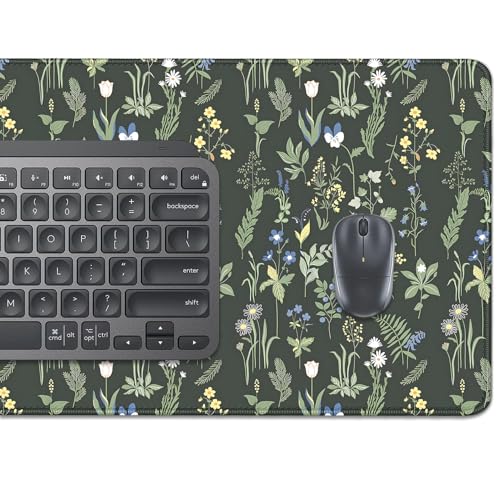 Green Plants Flowers Desk Pad Mouse Pad,Large Floral Mouse Mat with Stitched Edges,Non-Slip Rubber Base Elegant Mousepad for Office PC Keyboard Laptop and Home Work Desk Mat(27.5X11.8 in) - color: Green plants and white flowers