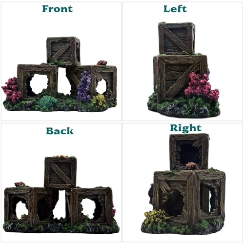 Fish Tank Decorations Hideout for Betta, Shrimp & Guppies – Two-Level Wooden Crate with Realistic Coral, Sponge & Seaweed, Stable Rock Base, Aquarium-Safe Resin - 8.5x4.3x4.9 Inch
