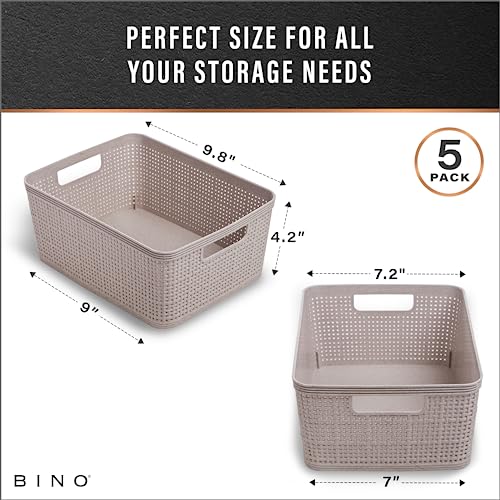 BINO | Woven Plastic Basket | Small (Natural Grey), 5-Pack | THE JUTE COLLECTION | Home Organization, Space - Saving Storage, Stylish Design | Jute Basket | Plastic Storage Basket - color: Natural Grey, size: 5PK- S
