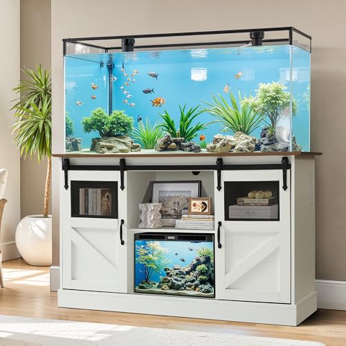Fish Tank Stand with Power Outlet, Aquarium Stand w/Sliding Barn Doors, 55-75 Gallon Fish Tank Stand w/Cabinet for Accessories Storage for 2 Fish Turtle Tank Reptile Terrarium, 1000 LBS (White) - color: White