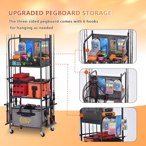 Heavy Duty Fishing Rod Rack, Fishing Organizer for Garage, Fishing Gear Holder for Garage with Movable Wheels - size: 10 Rods & Pegboard