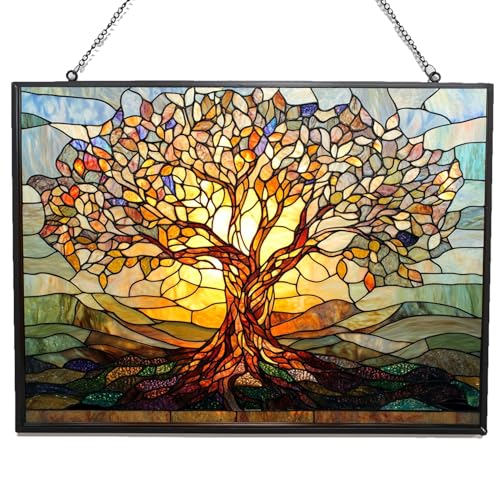 Retangle Art Nouveau Tree of Life Stained Glass Window Hanging Window Suncatcher Glass Panel with Metal Chain Sun Catchers Wall Art Home Decor Gift for Women Mother's Day - color: Art Nouveau Tree of Life 2, size: 9.4x7.1 IN