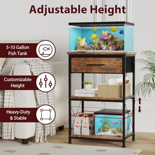 5-10 Gallon Fish Tank Stand, Height Adjustable Metal Aquarium Stand with Storage Drawers for Fish Tank Accessories Storage, Perfect for Turtle Tank, Reptile Terrarium, Brown - color: Brown, size: 5-10 Gallon