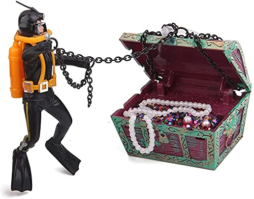 Mesee Aquarium Decor Creative Treasure Seeker, Fish Tank Ornament Undersea Landscape Treasure Chest Hunt Diver Air-Operated Decoration - Black - color: Black