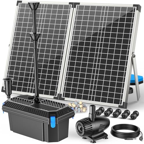 Antfraer 70W Solar Pond Filter with Water Pump, Solar Fountain Pump with Pond Filter Adjustable Flow, Pond Filter Box with Filter Medias for Outdoor Ponds Fish Tank Waterfall Water Features - size: 70W