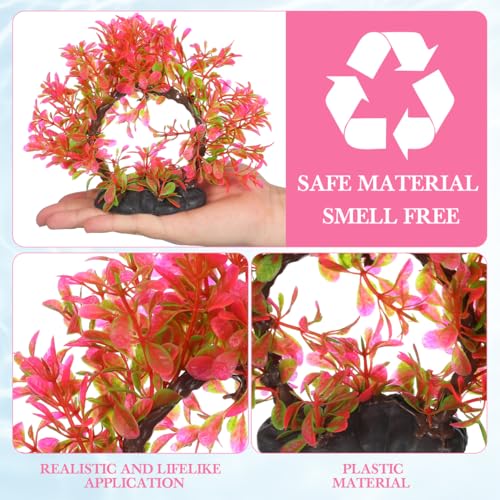 POPETPOP Aquarium Artificial Plastic Plants Decoration, Plastic Pink Betta Fish Tank Decor with Weighted Base, Pink Simulation Aquarium Tree for Bettafish Tank Decorations Hides