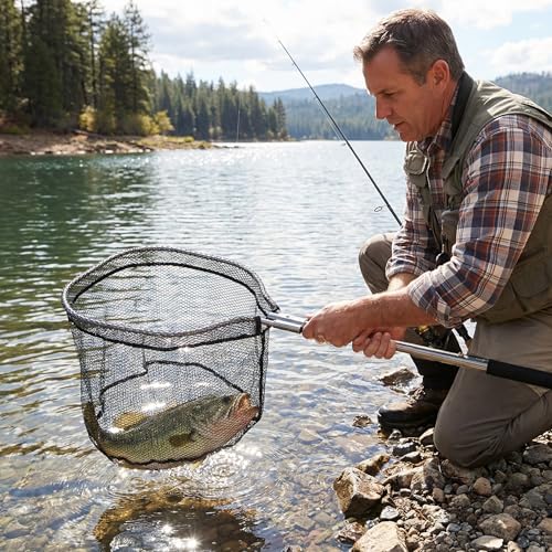 Floating Fishing Net for Steelhead, Salmon, Fly, Kayak, Catfish, Bass, Trout Fishing, Rubber Coated Landing Net with Fixed or Telescoping Pole Handle - color: Black PVC Net