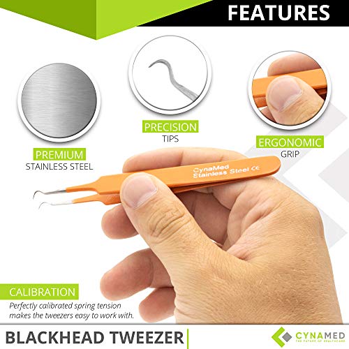 Blackhead Tweezer - Professional Curved Steel Tip Surgical Comedone & Splinter Extractor. Ideal Blemish & Acne Remover Tool Means Flawless Facial Skin (Orange) - color: Orange