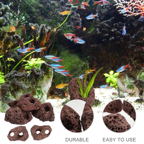 DOITOOL 6 Pcs Lava Rock for Aquarium, Volcanic Rock Pumice Stones Fish Tank Cave Decor, Aquatic Plant Fixer Anchor for Java Moss Anubias Aquascaping Shrimp Betta Turtle Tank Plants