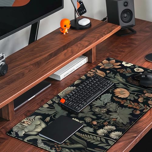 Aesthetic Vintage Dark Flower Plants Wildflowers Large Gaming Mousepad XXL Keyboard Mouse Mat Full Desktop Mat Women Desk Cover Mat for Work Office Home 31.5x15.8 in - color: Vintage Plants