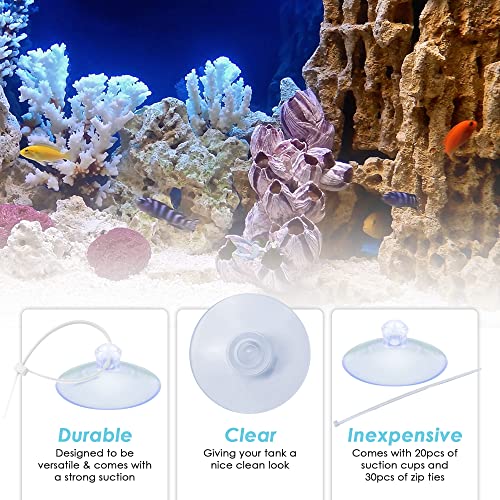 20 Suction Cups with 30 Adjustable Zip Ties for Aquarium Use, Multipurpose Fish Tank Tools Perfect for Pothos Plants, Binding Moss, Shrimp Nests, Holding Airline Tubing, and LED Lights
