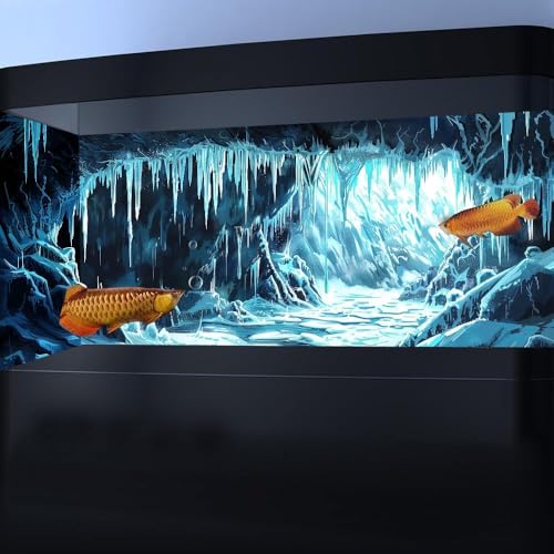 30X18IN Ice and Snow Background Aquarium Background, 3D Image of Underwater Fish Tank Decoration, Cave Icicle Greenery Terrarium Background with 10 EVA Double-Sided Tape