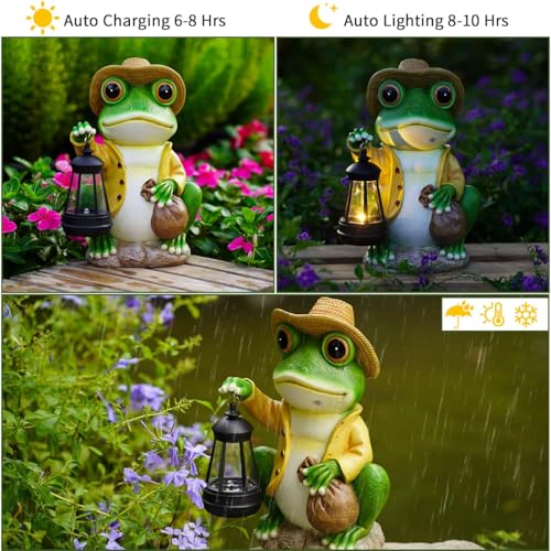Solar Garden Outdoor Frog Statue 10 inches Tall - with Handheld Lanterns - Detachable - Patio, Balcony, Shelf, Tabletop, Lawn Decoration - Unique Housewarming, Birthday, Thanksgiving, Mom Gifts - size: Medium Frog