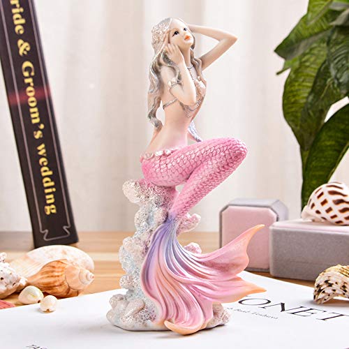 Rayberro Pink Mermaid Figurines 7.28" Resin Mermaid Sculpture Mediterranean Princess Ornaments Home Office Desktop Bookshelf Mermaid Collectible Figurines Crafts Fish Tank Aquarium Decoration - color: Pink Look Up, size: 7.28x3.93x2.75inch