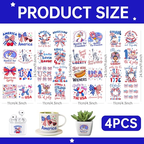 4 PCS Watercolor 4th of July UV DTF Cup Wrap, Rub on Transfer Stickers for 16oz Glass Mugs, High Viscosity Permanent UV DTF Sticker, Coffee Cups, Water Bottles and Personalized Crafts - style: Watercolor 4th Of July