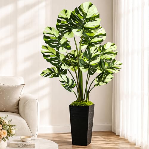 UPBUD Artificial Monstera Deliciosa Plant, 5FT Fake Monstera Tree with 12 Lifelike Leaves & Black Planter, 60in Tall Faux Floor Plants Fake Trees for Indoor Outdoor Home Living Room Office Decor - color: White Leaves Black Planter