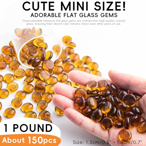 1 LB Amber Glass Marbles, Mini Flat Glass Beads~150 PCS for Vase Fillers, Floral Bottom Mancala Gems Pebbles Fish Tank Rocks for Table Aquarium,Home Decor Art Craft Supplies(0.5"~0.7") - color: Amber~1 Lb, size: 1 LB