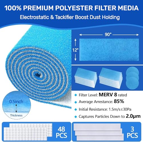 Air Vent Filters Roll,12" x90" Cut to Fit Air Filter Material(60+Filters),MERV 8 Triple Filtration Electrostatic Vent Filter for Home Floor,Ceiling,Furnace, AC & HVAC-Includes 48 Adhesive Hook Tape - style: 12" x 90"(Blue)