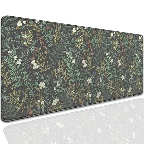 Dark Green Plant Desk Pad Mouse Pad,Vintage Green Fern Leaves Mouse Mat with Stitched Edges,Non-Slip Rubber Base Mousepad for Office PC Keyboard Laptop and Home Work Desk Mat(27.5X11.8 in) - color: White berries