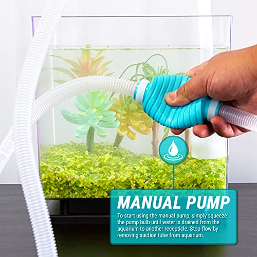 TERA PUMP - TRFTCLN-XL BPA-Free Gravel Cleaner Aquarium Water Changer with Clip, Suction Cup, Flow Managing Clip, Quick & Easy Assembly, Long 120 inch Nozzle Manual Water Pump, (20-50 Gallon Tank) - size: X-Large