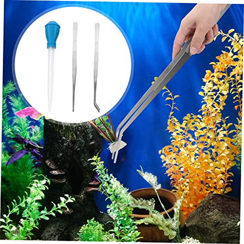 ibasenice 3pcs Aquarium Cleaning Tool Set Stainless Steel Tweezers Serrated Tips for Fish Tank Maintenance Includes Straight Curved Tweezers and Siphon Vacuum Tool