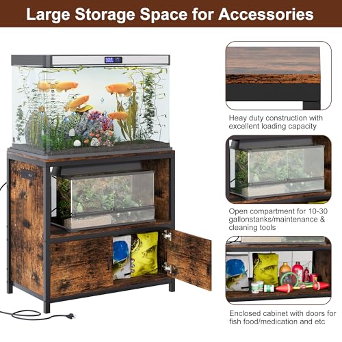TQVAI 50-75 Gallon Fish Tank Stand with Power Outlets, Heavy Duty Aquarium Stand with Cabinet Storage Fish Tank Accessories, Large Reptile Terrarium Tank Stand, Black/Vintage - size: 50-75 Gallon