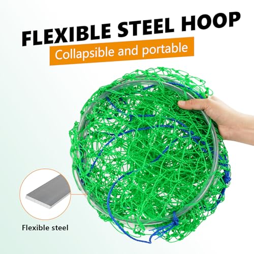 QualyQualy Large Bridge and Pier Fishing Net 32''/39'' Hoop, Foldable Drop Net Pier Fishing for Saltwater with Rope, Landing Net with Nylon Mesh, Collapsible Soft Steel Ring - color: Green, size: L: 39''×36''