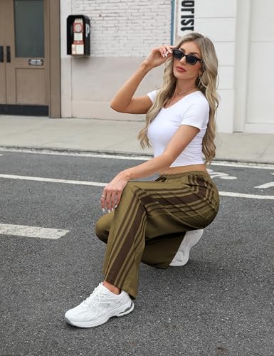 Hongsui Women's Wide Leg Pants Drawstring High Rise Side Striped Slouchy Palazzo Pants with Pockets - color: Armygreen, size: Large