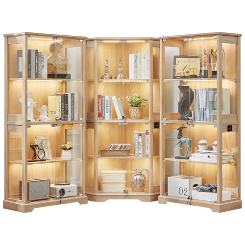 LELELINKY Farmhouse Glass Display Cabinet Set of 3 with Doors, Corner Curio Cabinet for Collectibles, Wooden Display Cabinets for Home, Office, Living Room, Corner, Natural - color: Natural, size: Set C