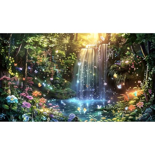 Jungle Waterfall Aquarium Background Fantasy Forest Vibrant Flowers Fish Tank Background Magical Forest Glade Dancing Butterflies Reptile Tank Backgrounds Tranquil Lake Terrarium Backgrounds 24x12in - color: Green_Purple, size: 24(W)x12(H)inches/ 60(W)*30