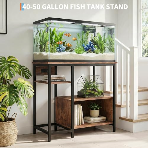 Heavy Duty 40-50 Gallon Aquarium Stand - Metal & Wood, 4-Tier Open Storage Shelves, Drawer, Power Outlets, for Fish Tank & Terrariums, 36.6" x 18.9" x 30.7" - Rustic Brown - color: Brown