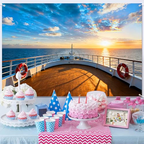 Cruise Ship Backdrop Cruise Deck Ocean Sunset Scenery Photography Background Nautical Theme Cruise Party Decorations Banner Portrait Photo Booth 9x6ft - size: 9x6ft