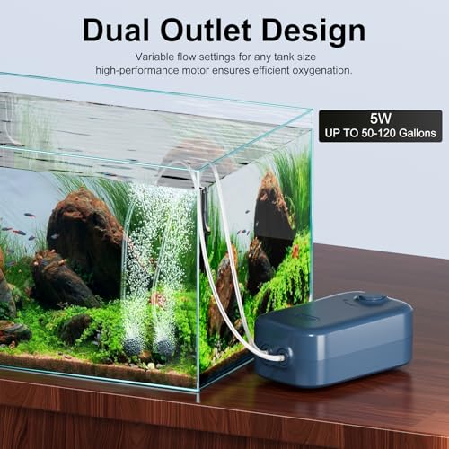 Aquarium Air Pump, Dual Outlet Quiet Oxygen Aerator Pump for Fish Tanks, Adjustable Air Valve Complete Bubbler Kit for Small Aquariums - size: Up to 120 Gallons