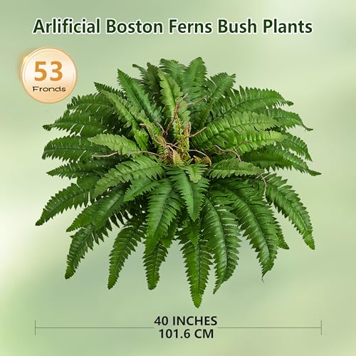 40" Artificial Boston Ferns Bush Plants, Set of 2, Large Faux Ferns Hanging Decor with 53 Fronds, Fake Vines Indoor Or Outdoors Planter for Home and Office Decor - size: 2 PCS-40in