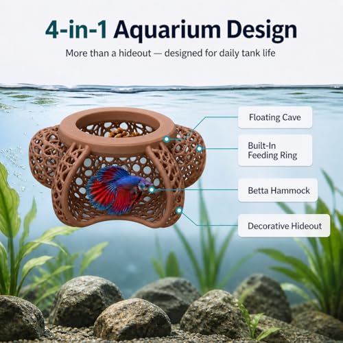Aquarium Hideout Decor House, Fish Tank Ornament for Small Fish & Shrimp, Floating Cave Decoration for Aquariums(Brown)