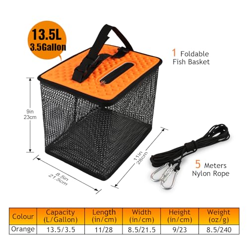 Dovesun Floating Fishing Basket, Collapsible Fish Basket Portable Fishing Net Quick-Drying Rubber Coated Fishing Bait Storage Cage 3.5-10 Gallons - color: Oragne-11*8.5*9in, size: 3.5Gallons