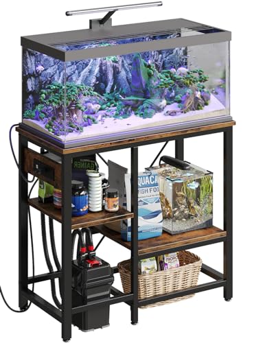 Bestier 20-29-37 Gallon Fish Tank Stand with Power Outlet, 30x13 Metal Aquarium Stand with Filter Storage, 6-Leg Reptile Tank Stand with 3-Tier Adjustable Storage Shelves, 400LBS Capacity - color: Rustic Brown, size: 20-37 Gallon