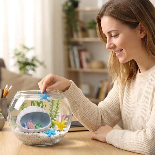 Ocean Theme Aquarium Decor 4-Piece Set: White Ceramic Shell Cave Hideout for Betta, Cichlid, Shrimp, Turtle + Sleeping Mermaid Figurine + Resin Coral & Starfish – Fish Tank Ornament